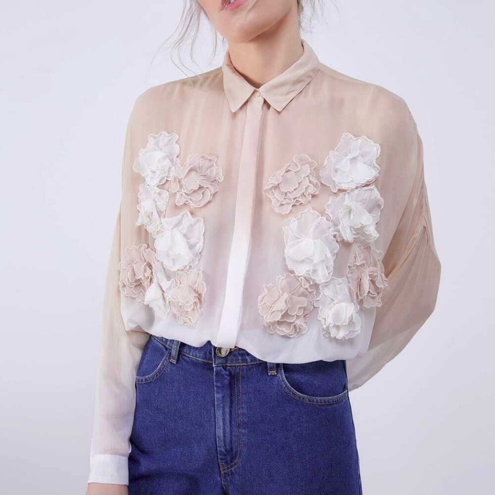 UTERQUE sheer ombre long blouse with flower appliques
